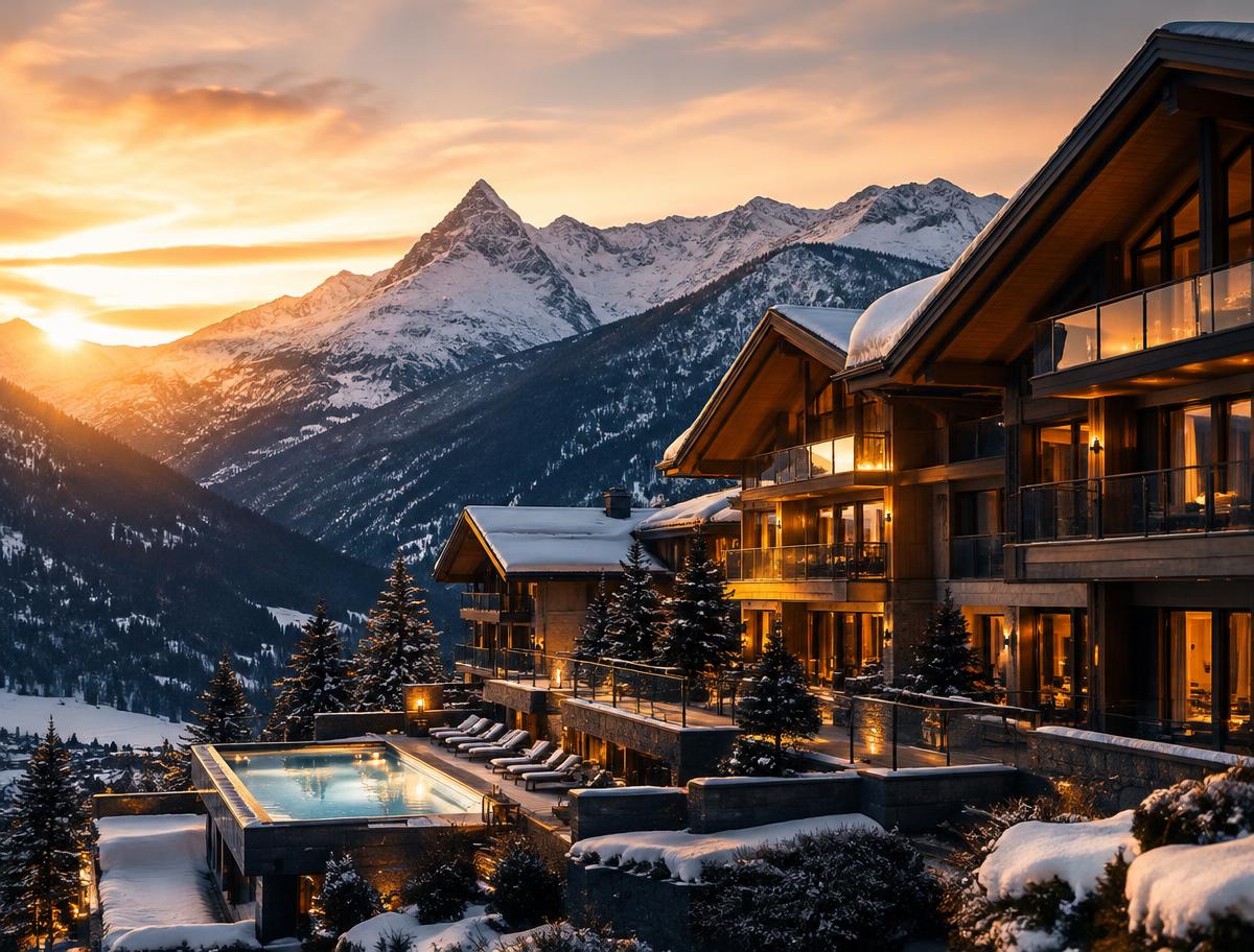 Exklusive Alpenimmobilie mit Hotelcharakter im Abendlicht